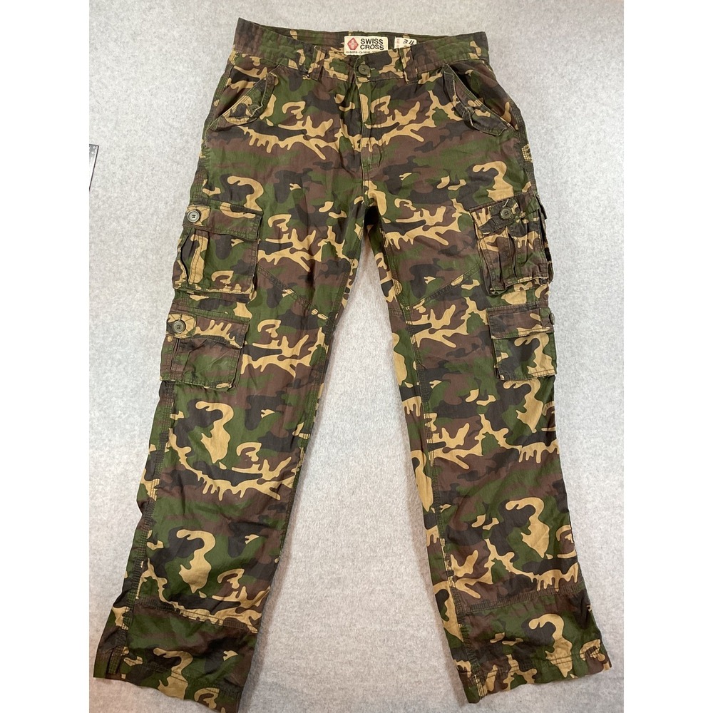 Swiss Cross Mens Camo Cargo Pants 34x32 Green Brown Cotton Utility Trousers P47